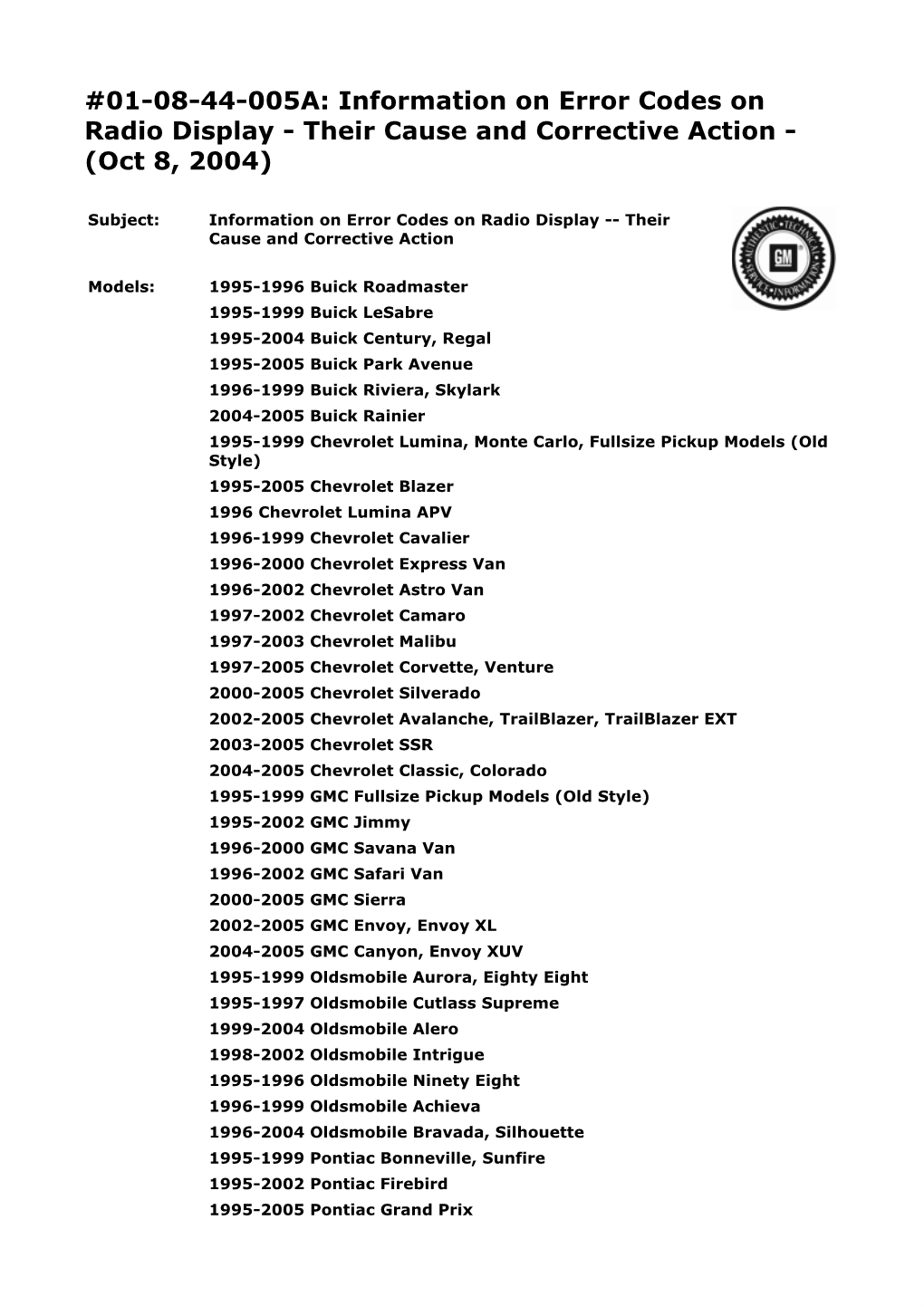 Information on Error Codes on Radio Display - Their Cause and Corrective Action - (Oct 8, 2004)