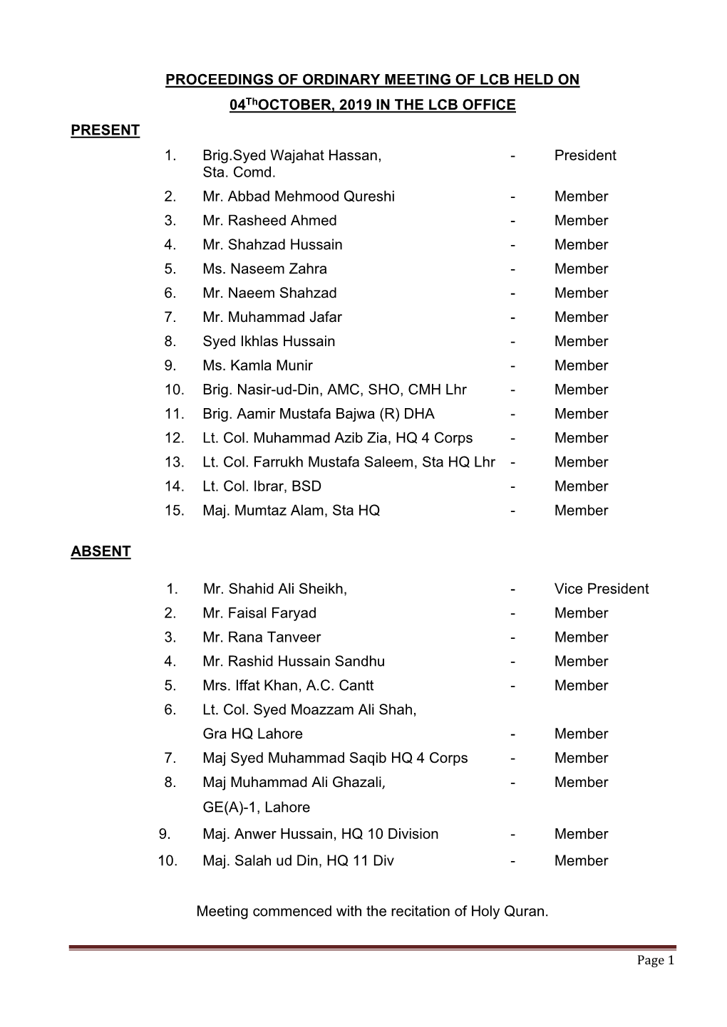 PROCEEDINGS of ORDINARY MEETING of LCB HELD on 04Thoctober, 2019 in the LCB OFFICE PRESENT 1