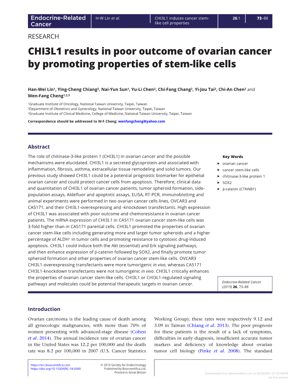 CHI3L1 Results in Poor Outcome of Ovarian Cancer by Promoting Properties of Stem-Like Cells