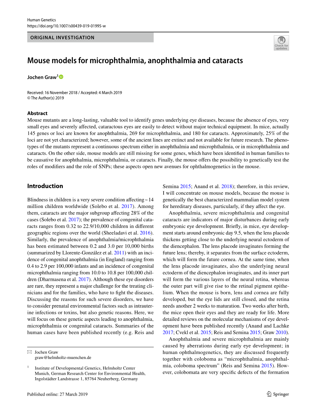 Mouse Models for Microphthalmia, Anophthalmia and Cataracts
