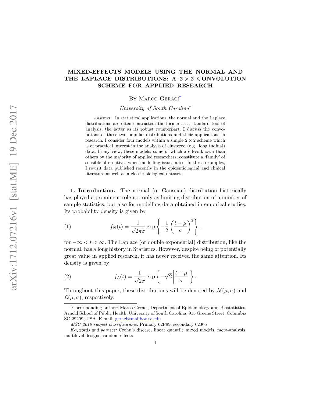 Mixed-Effects Models Using the Normal and the Laplace Distributions: a 2 × 2 Convolution Scheme for Applied Research