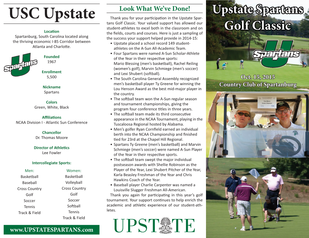 15Th Annual Sponsorship Information Player Information Upstate Spartans Golf Classic Schedule of Events Format Awards