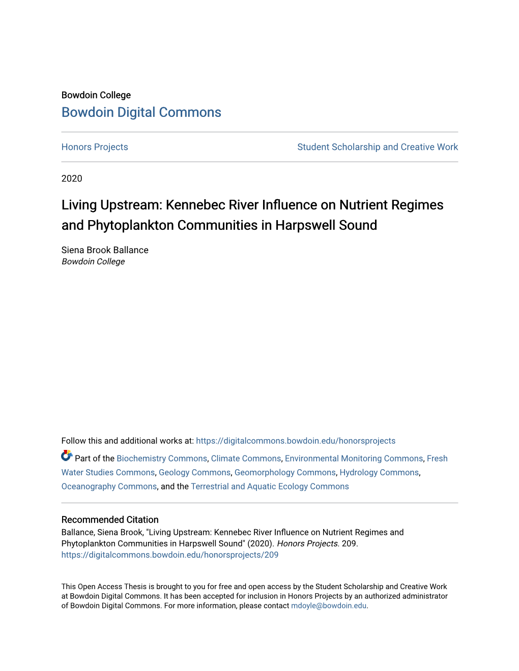 Kennebec River Influence on Nutrient Regimes and Phytoplankton Communities in Harpswell Sound