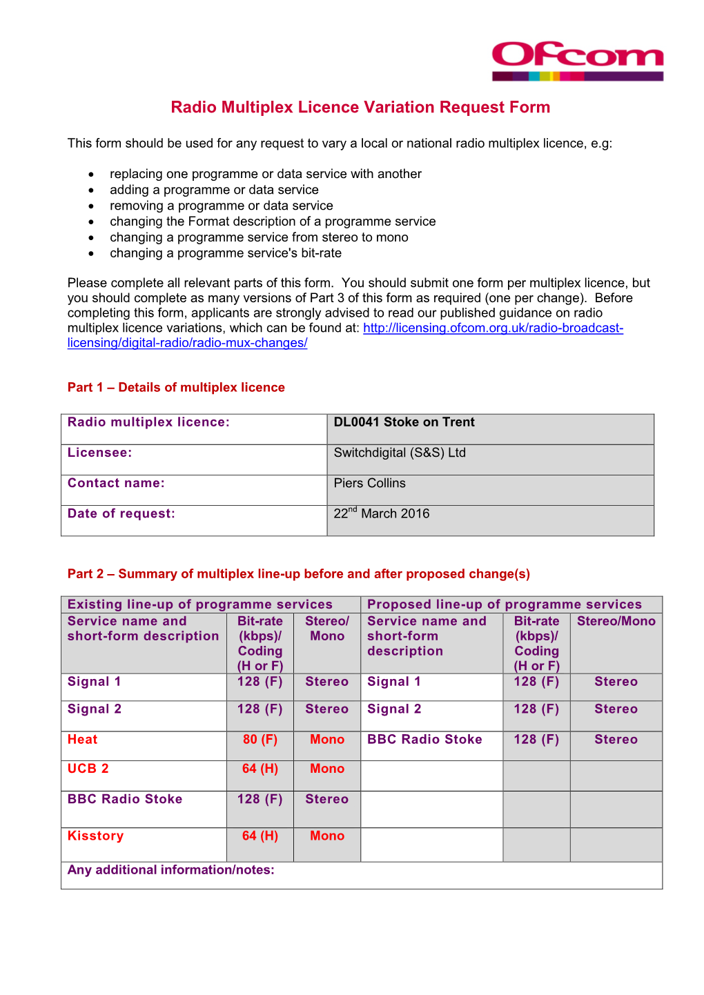 Radio Multiplex Licence Variation Request Form