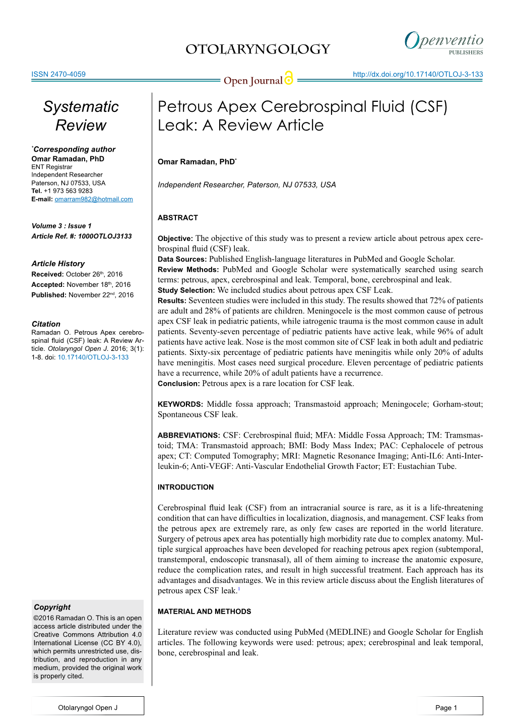 Petrous Apex Cerebrospinal Fluid (CSF) Leak