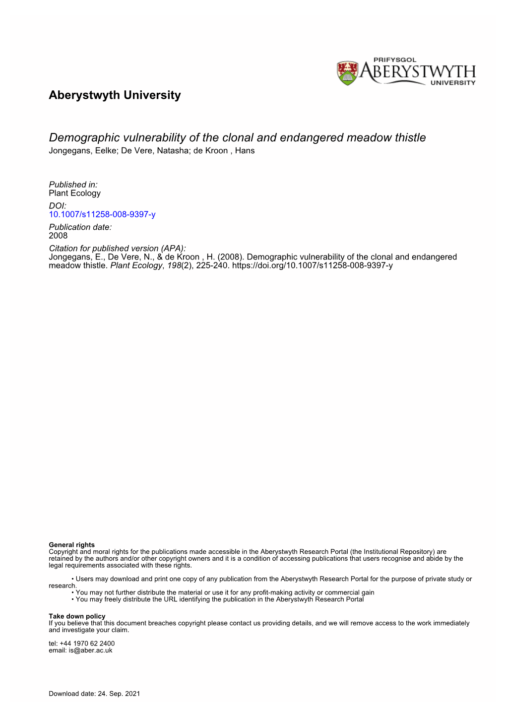 Aberystwyth University Demographic Vulnerability of the Clonal And