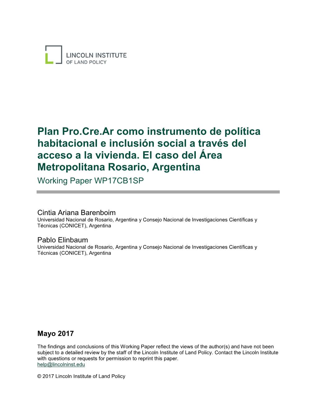 Plan Pro.Cre.Ar Como Instrumento De Política Habitacional E Inclusión Social a Través Del Acceso a La Vivienda