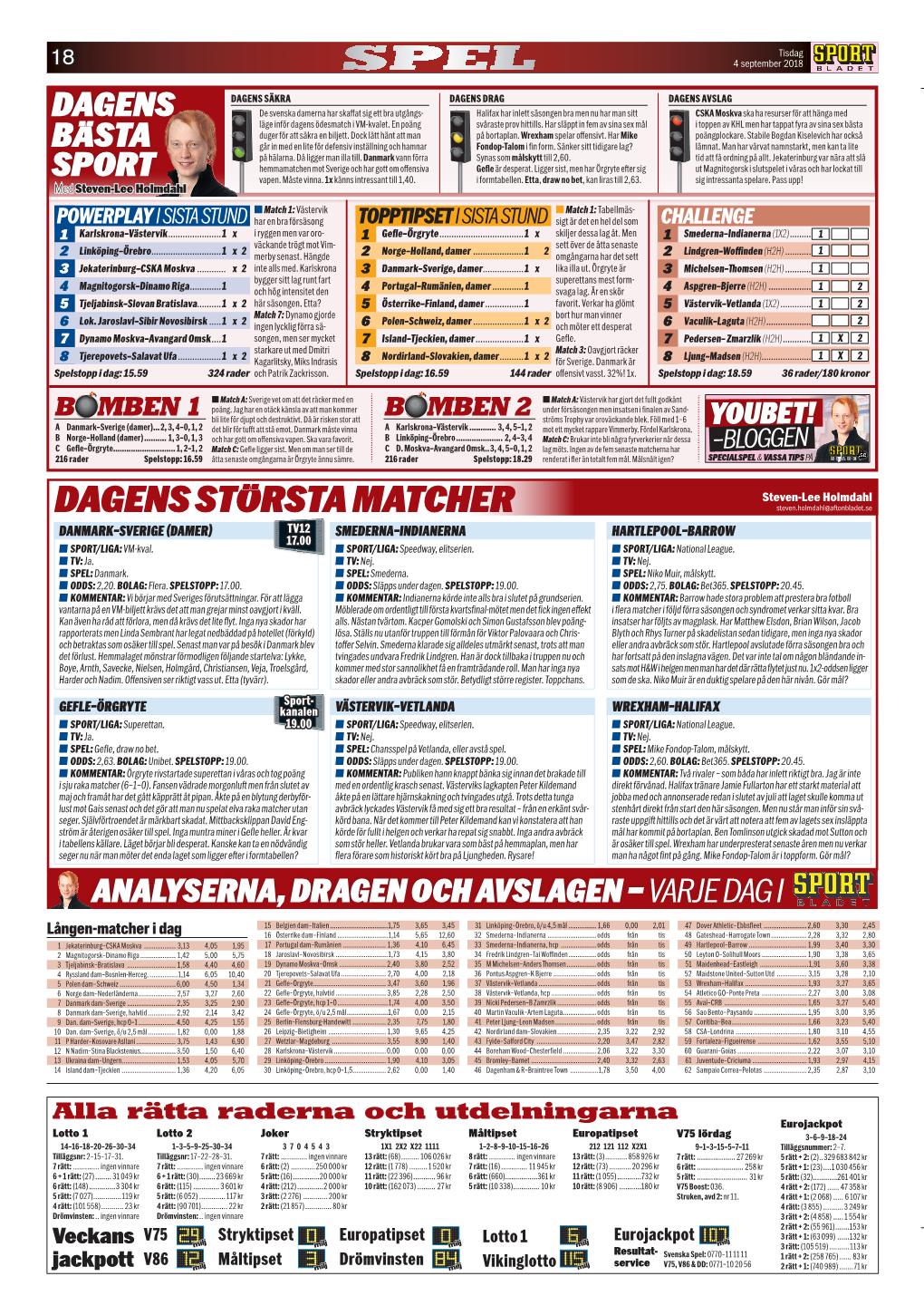 DAGENS STÖRSTA MATCHER Steven.Holmdahl@Aftonbladet.Se DANMARK–SVERIGE (DAMER) TV12 SMEDERNA–INDIANERNA HARTLEPOOL–BARROW 17.00 N SPORT/LIGA: VM-Kval