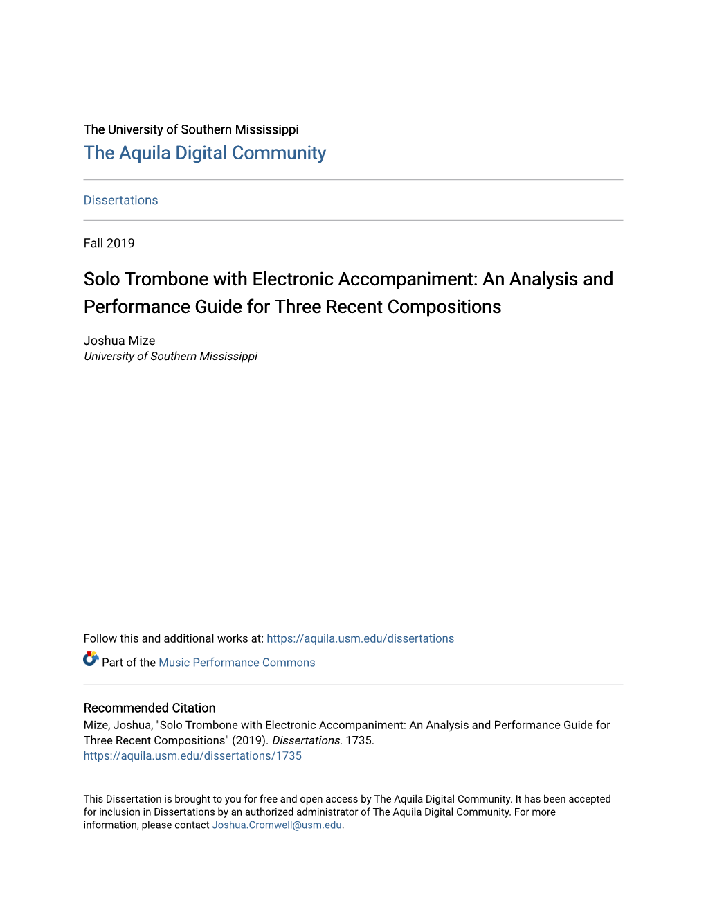 Solo Trombone with Electronic Accompaniment: an Analysis and Performance Guide for Three Recent Compositions