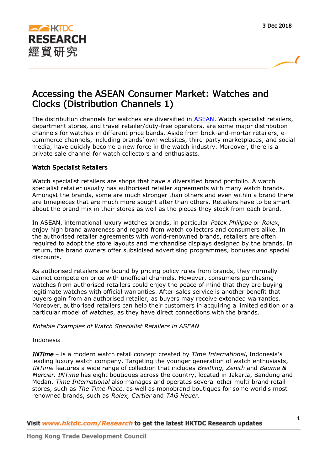 Accessing the ASEAN Consumer Market: Watches and Clocks (Distribution Channels 1)