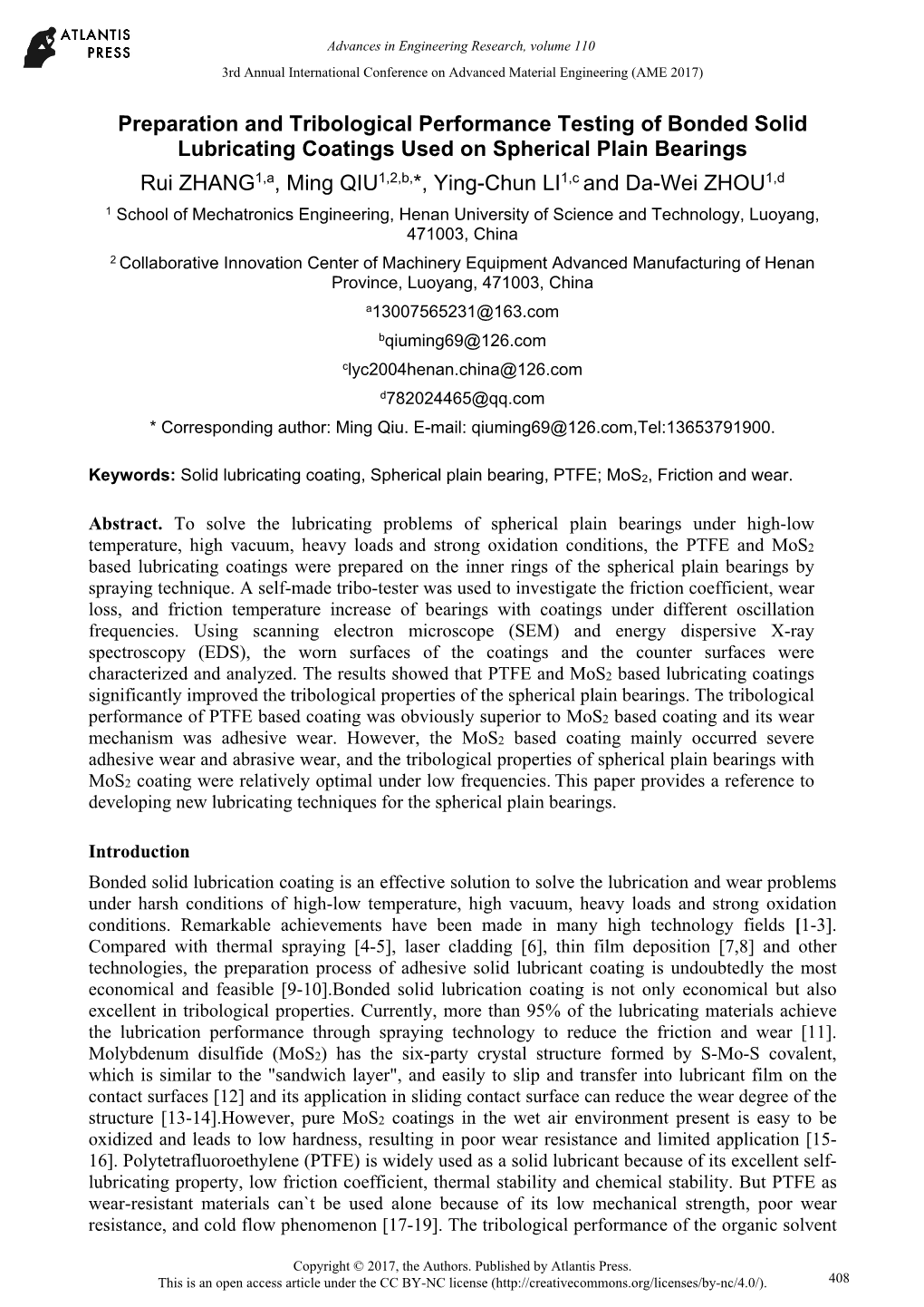 Preparation and Tribological Performance Testing of Bonded Solid Lubricating Coatings Used on Spherical Plain Bearings Rui ZHANG