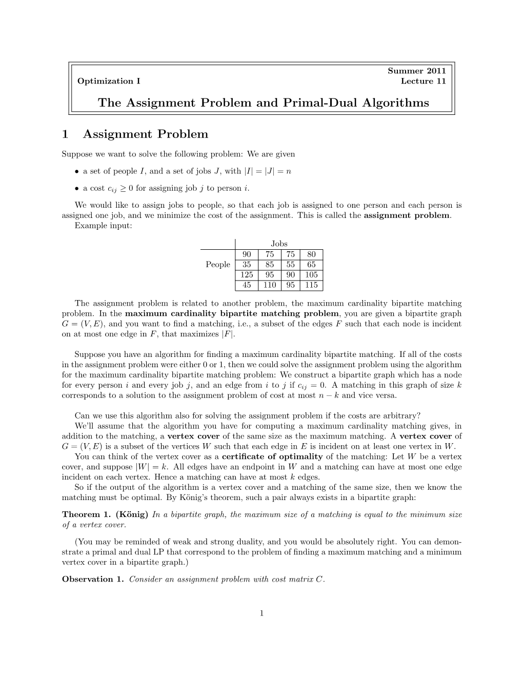 The Assignment Problem and Primal-Dual Algorithms 1