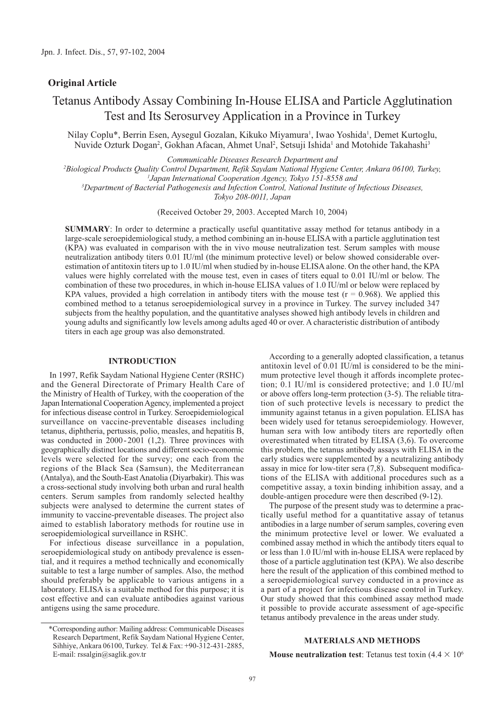 Tetanus Antibody Assay Combining In-House ELISA and Particle Agglutination Test and Its Serosurvey Application in a Province In