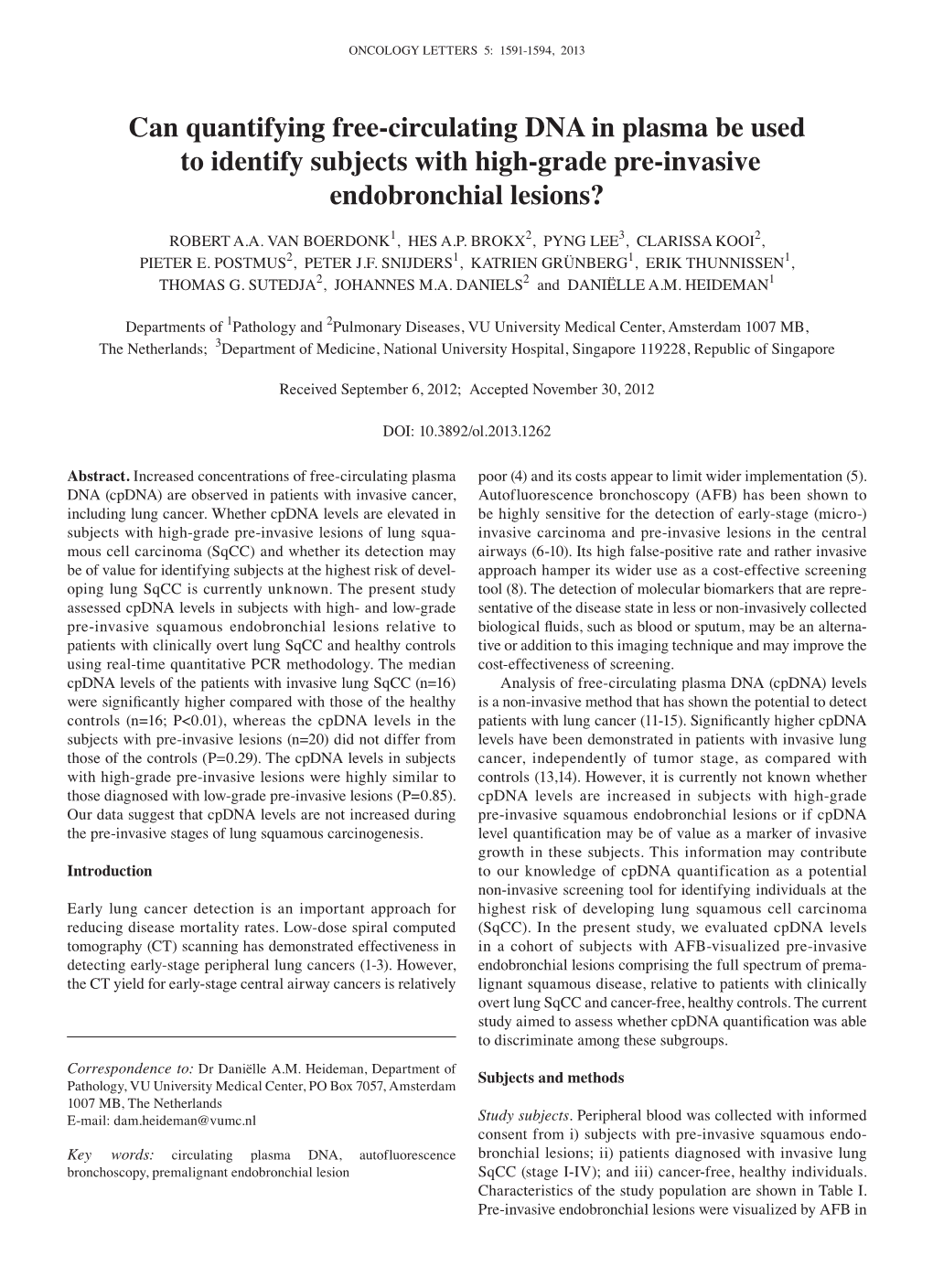 Can Quantifying Free-Circulating DNA in Plasma Be Used to Identify Subjects with High-Grade Pre-Invasive Endobronchial Lesions?