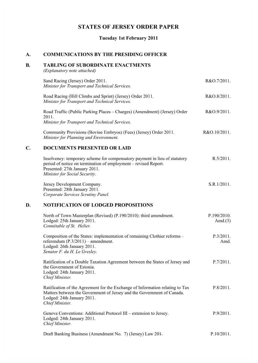 States Order Paper 1St February 2011