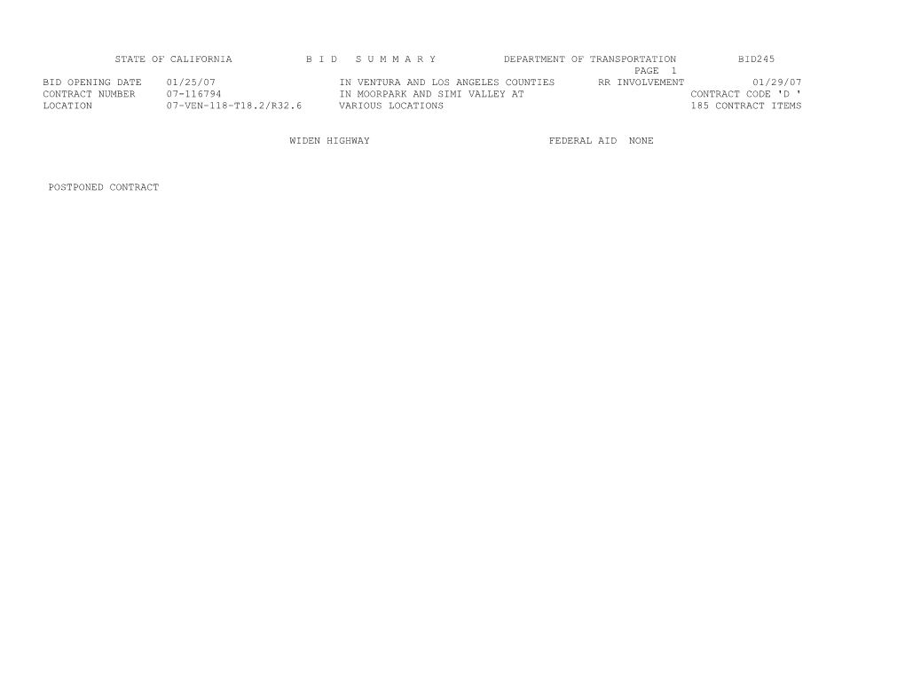 State of California B I D S U M M a R Y Department of Transportation Bid245 s40