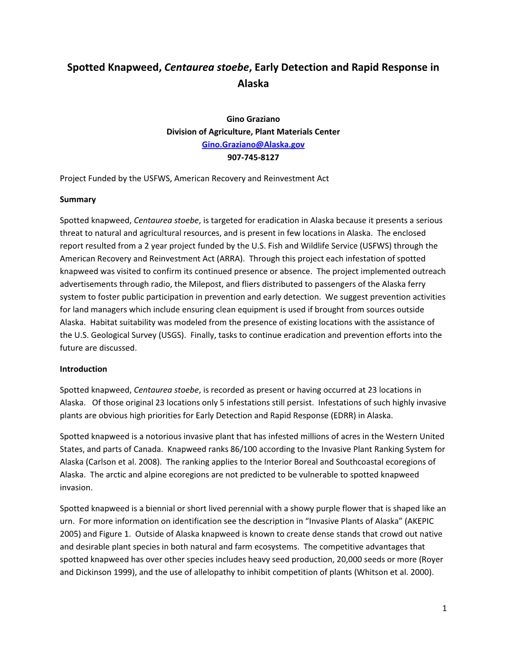 Spotted Knapweed, Centaurea Stoebe, Early Detection and Rapid Response in Alaska