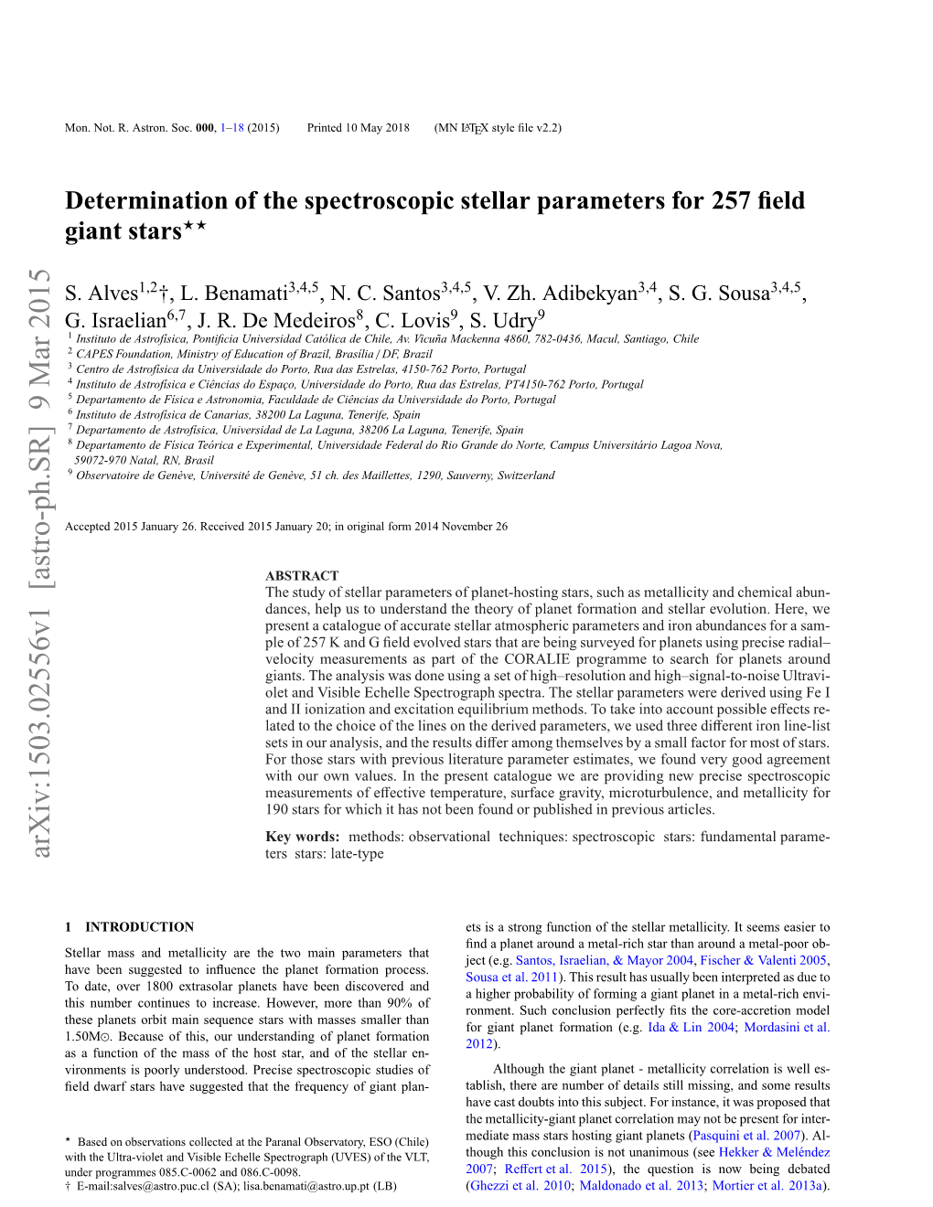 Determination of the Spectroscopic Stellar Parameters for 257 Field Giant