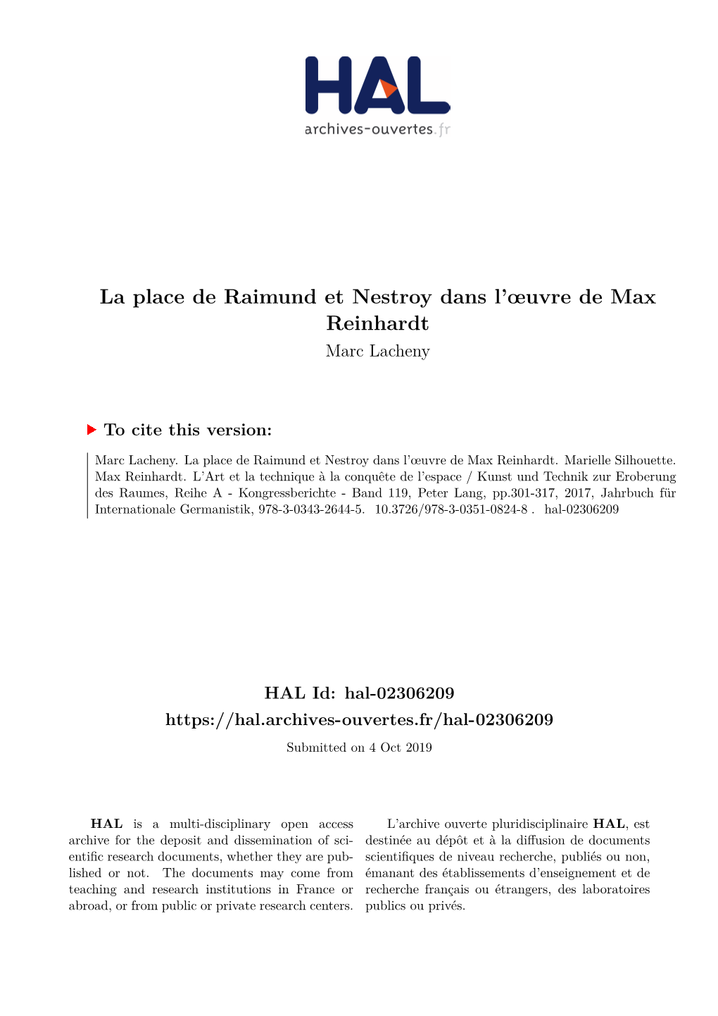 La Place De Raimund Et Nestroy Dans L'œuvre De Max Reinhardt