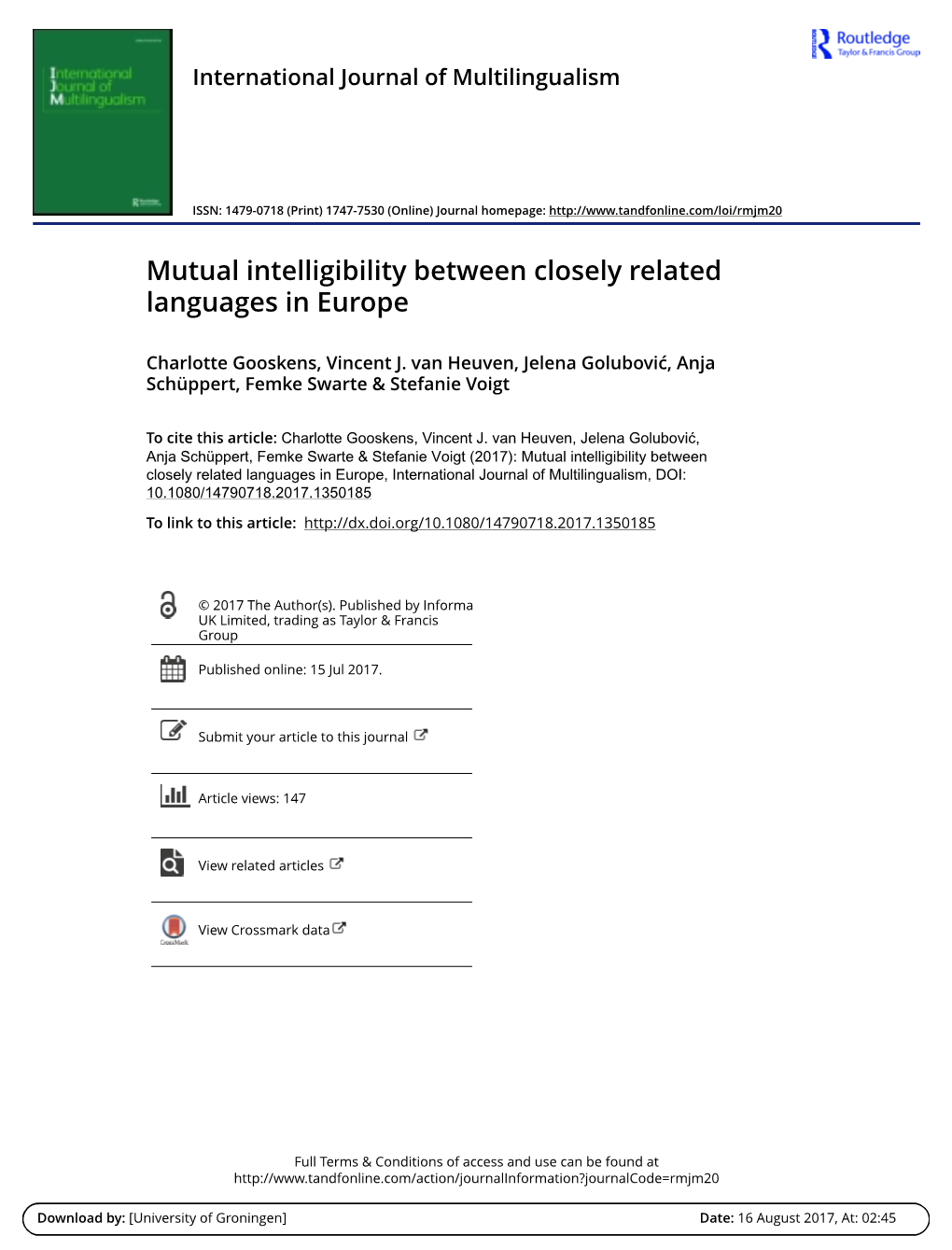 Mutual Intelligibility Between Closely Related Languages in Europe