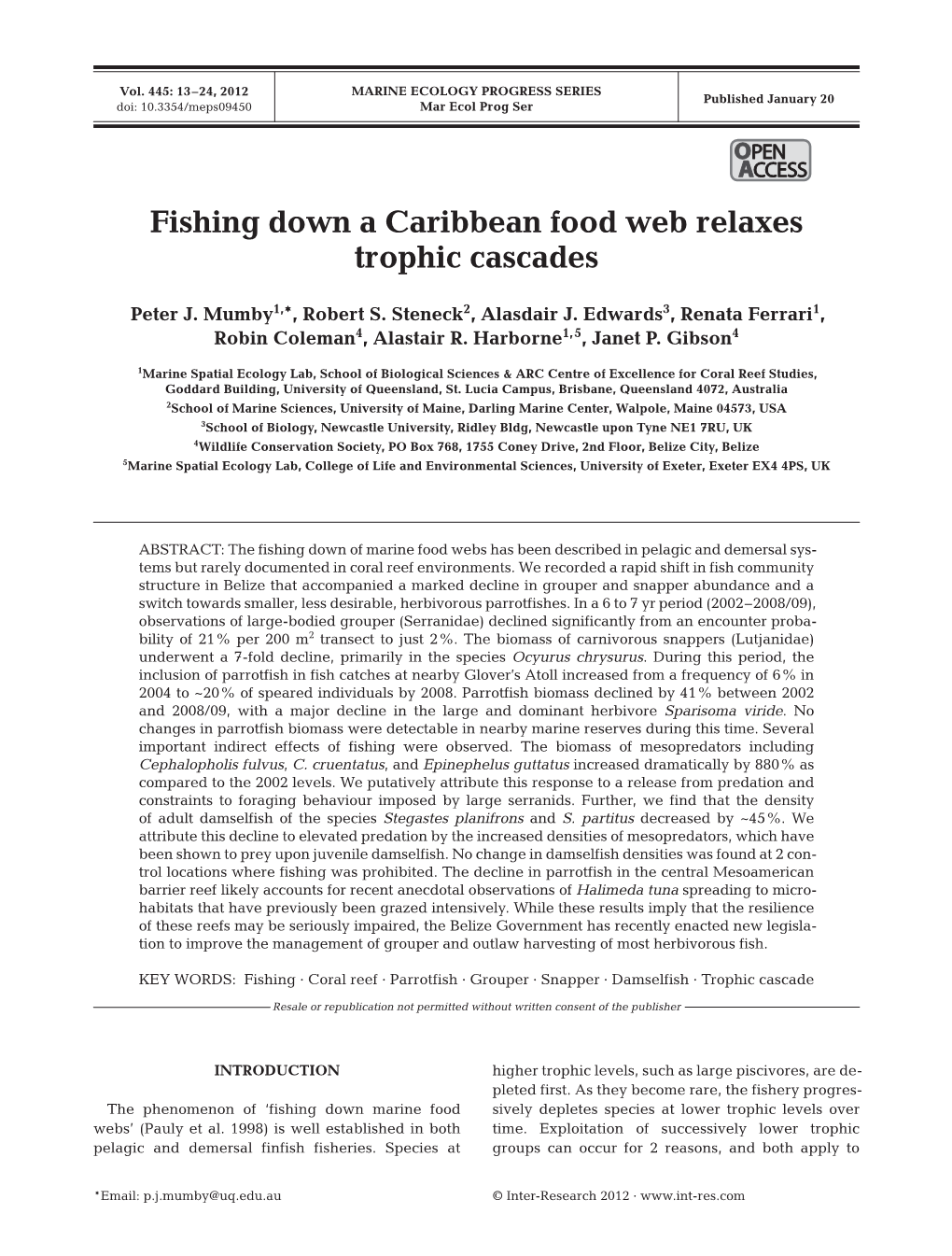 Fishing Down a Caribbean Food Web Relaxes Trophic Cascades