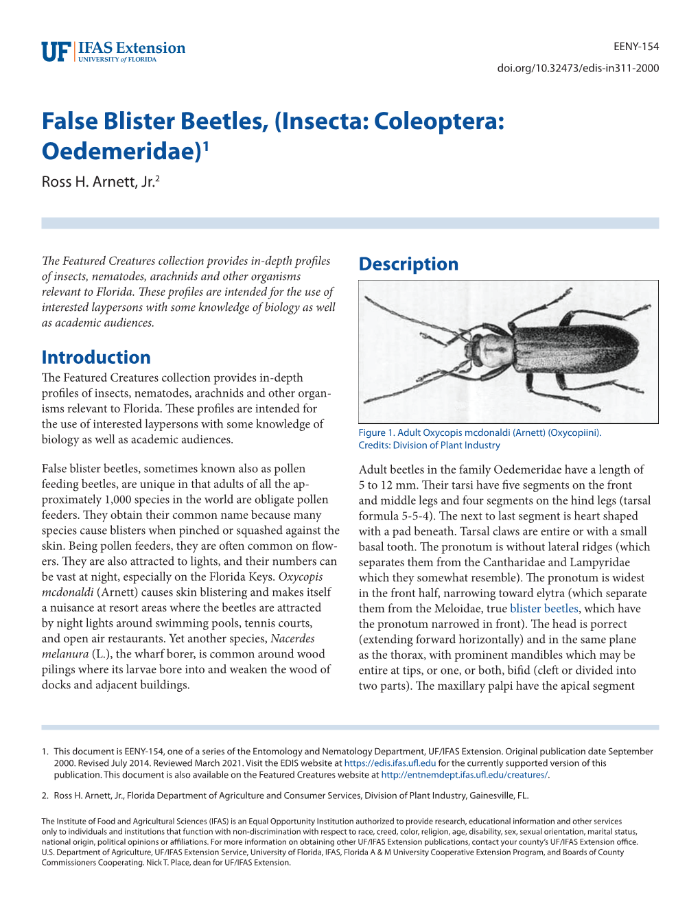 False Blister Beetles, (Insecta: Coleoptera: Oedemeridae)1 Ross H