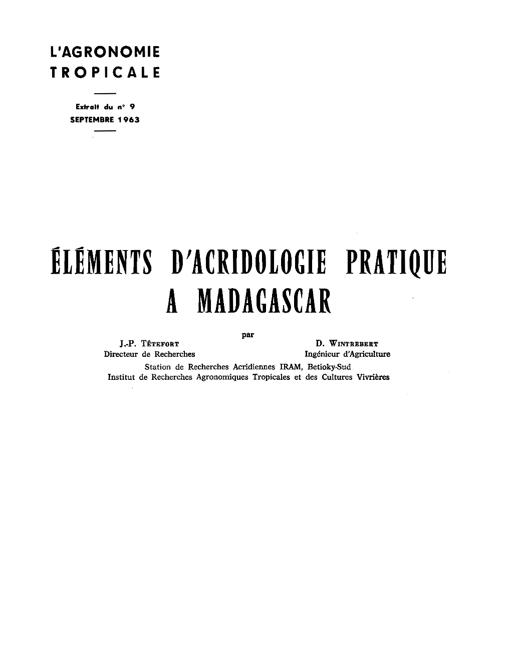Eléments D'acridologie Pratique À Madagascar