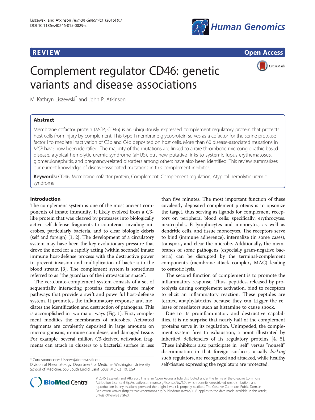 Complement Regulator CD46: Genetic Variants and Disease Associations M