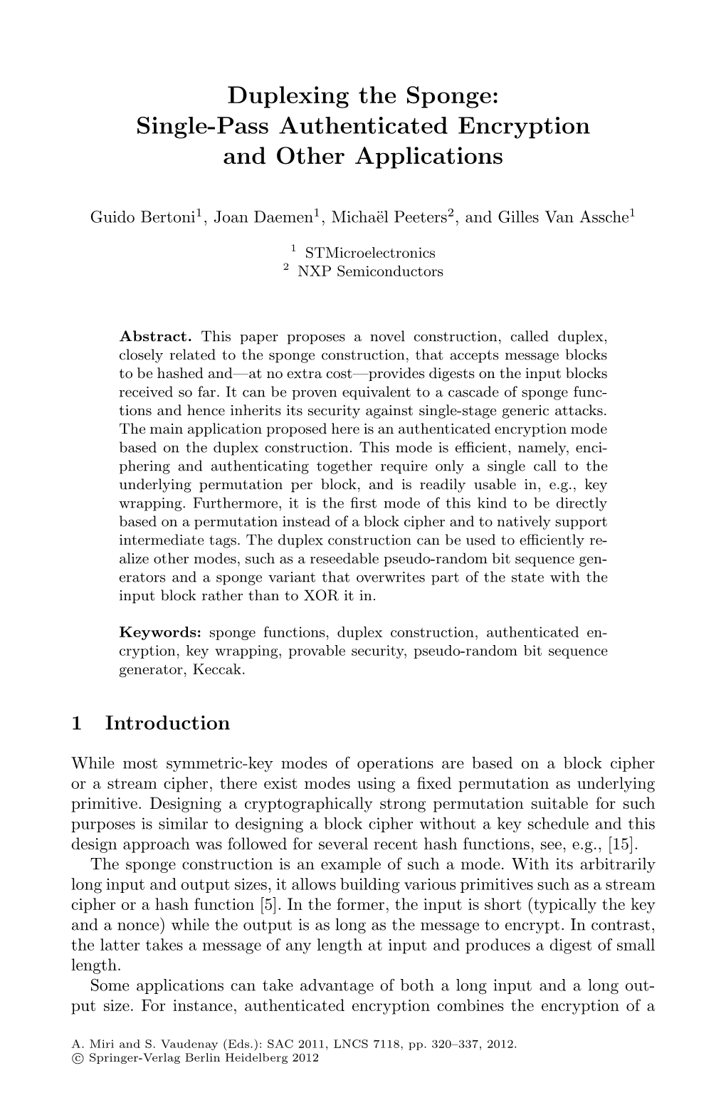 Duplexing the Sponge: Single-Pass Authenticated Encryption and Other Applications