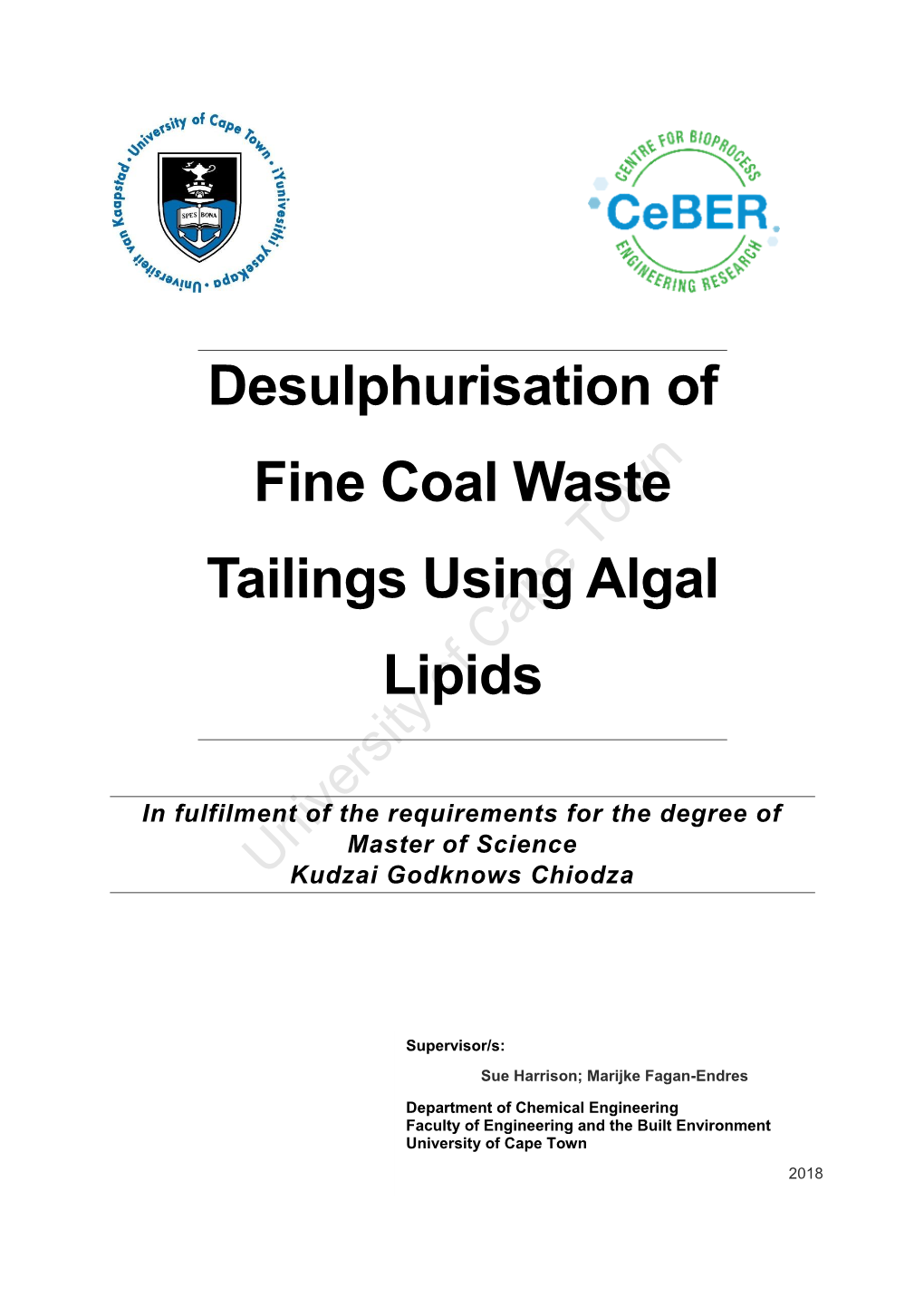 Desulphurisation of Fine Coal Waste Tailings Using Algal Lipids