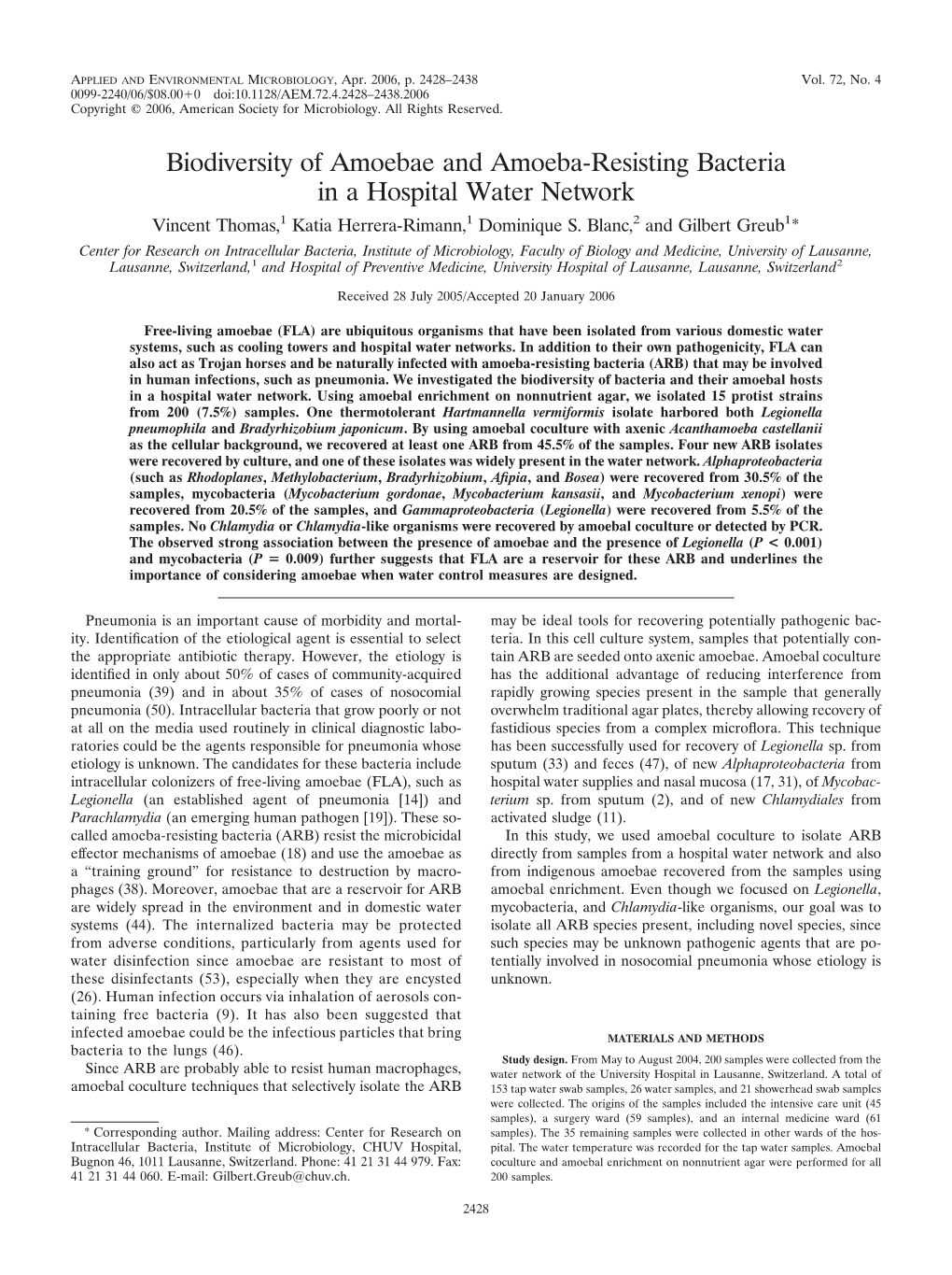 Biodiversity of Amoebae and Amoeba-Resisting Bacteria in a Hospital Water Network Vincent Thomas,1 Katia Herrera-Rimann,1 Dominique S
