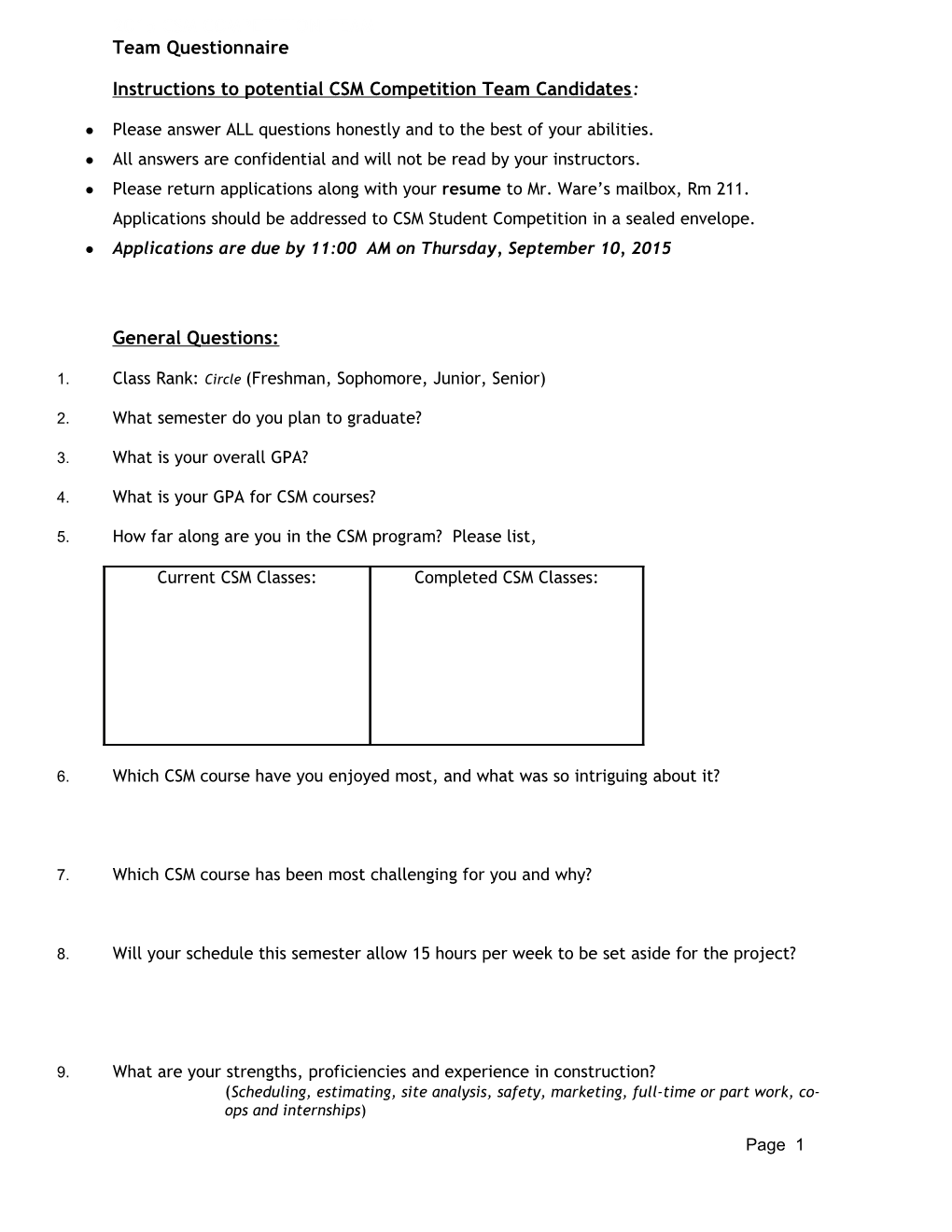 Instructions to Potential CSM Competition Team Candidates