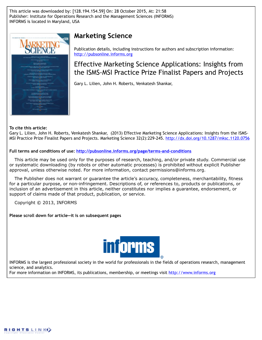 Effective Marketing Science Applications: Insights from the ISMS-MSI Practice Prize Finalist Papers and Projects