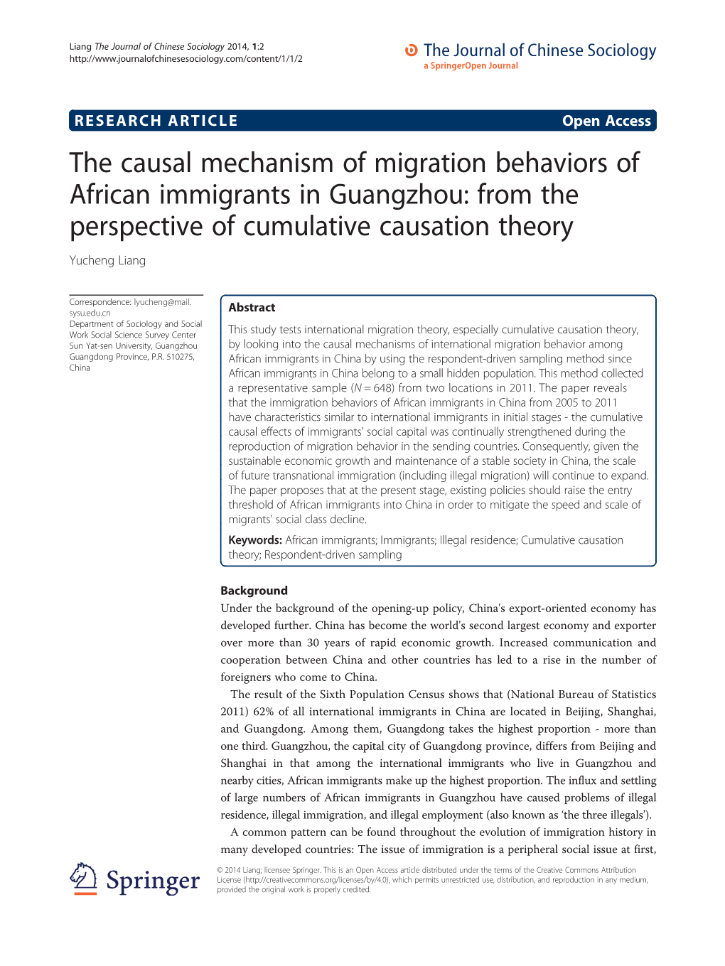 The Causal Mechanism of Migration Behaviors of African Immigrants in Guangzhou: from the Perspective of Cumulative Causation Theory Yucheng Liang