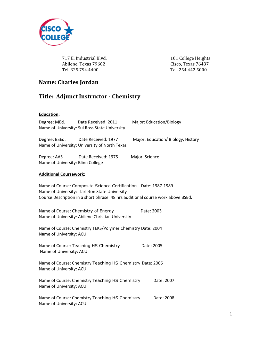 Name: Charles Jordan Title: Adjunct Instructor