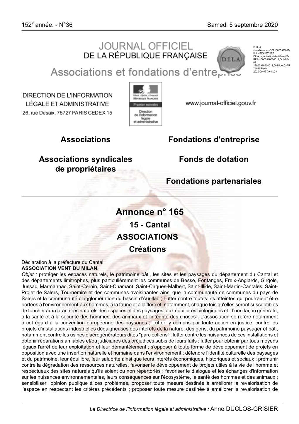 Annonce N° 165 15 - Cantal ASSOCIATIONS Créations