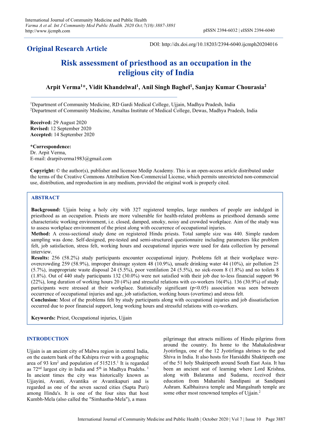 Risk Assessment of Priesthood As an Occupation in the Religious City of India