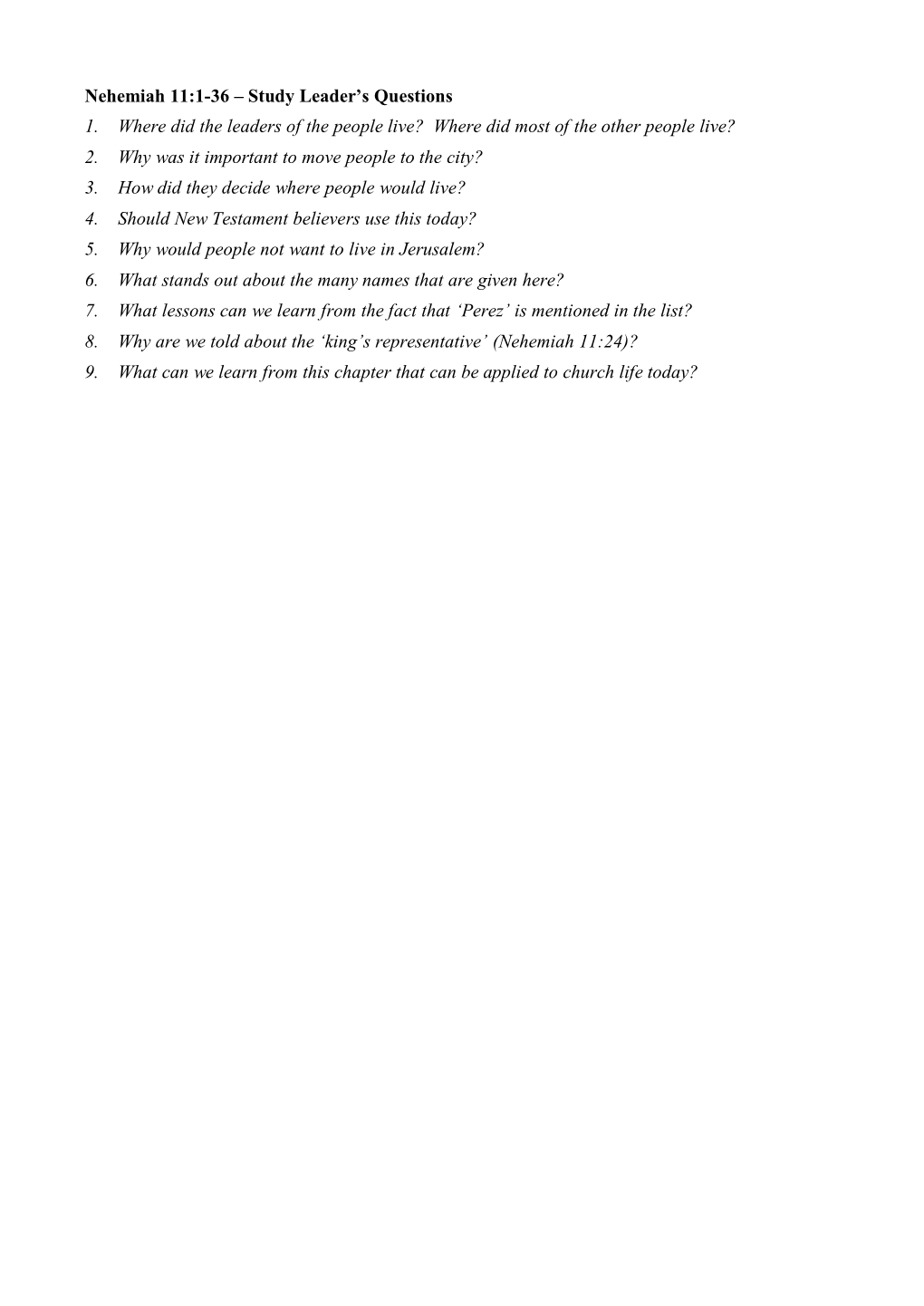 Nehemiah 11:1-36 – Study Leader's Questions