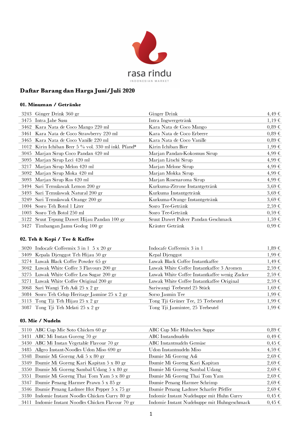 Daftar Barang Dan Harga Juni/Juli 2020