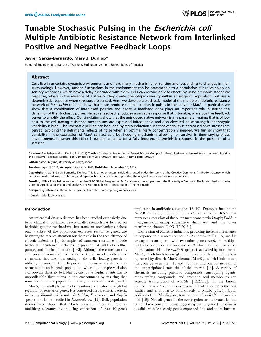 Tunable Stochastic Pulsing in the Escherichia Coli Multiple Antibiotic Resistance Network from Interlinked Positive and Negative Feedback Loops