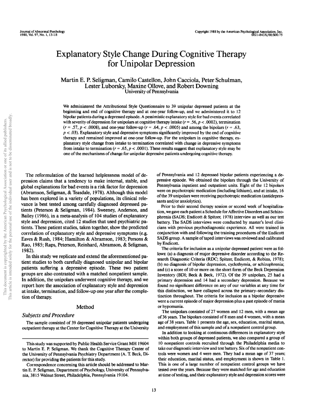 Explanatory Style Change During Cognitive Therapy for Unipolar Depression