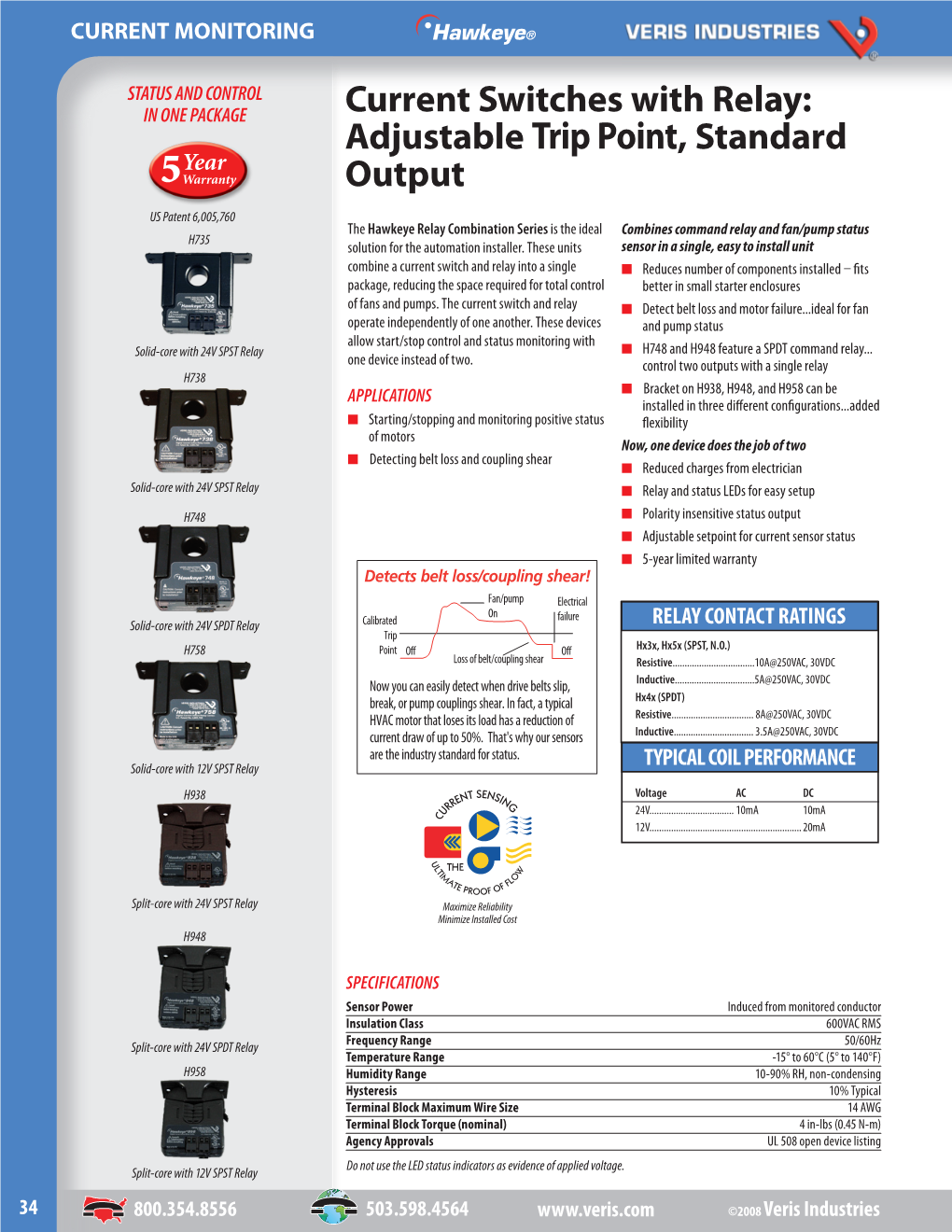 Current Switches with Relay: Adjustable Trip Point, Standard Year 5 Warranty Output