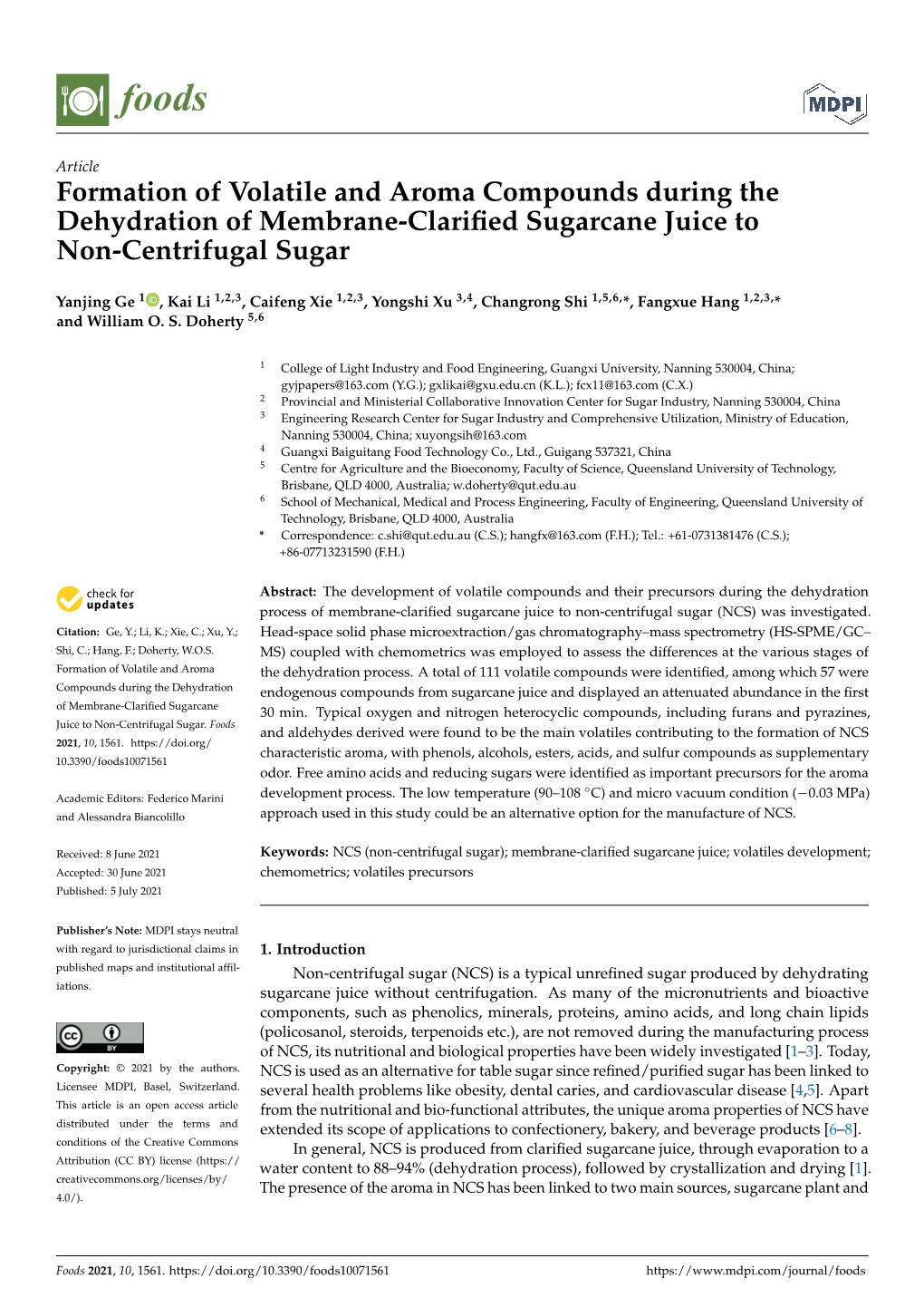 Formation of Volatile and Aroma Compounds During the Dehydration of Membrane-Clariﬁed Sugarcane Juice to Non-Centrifugal Sugar