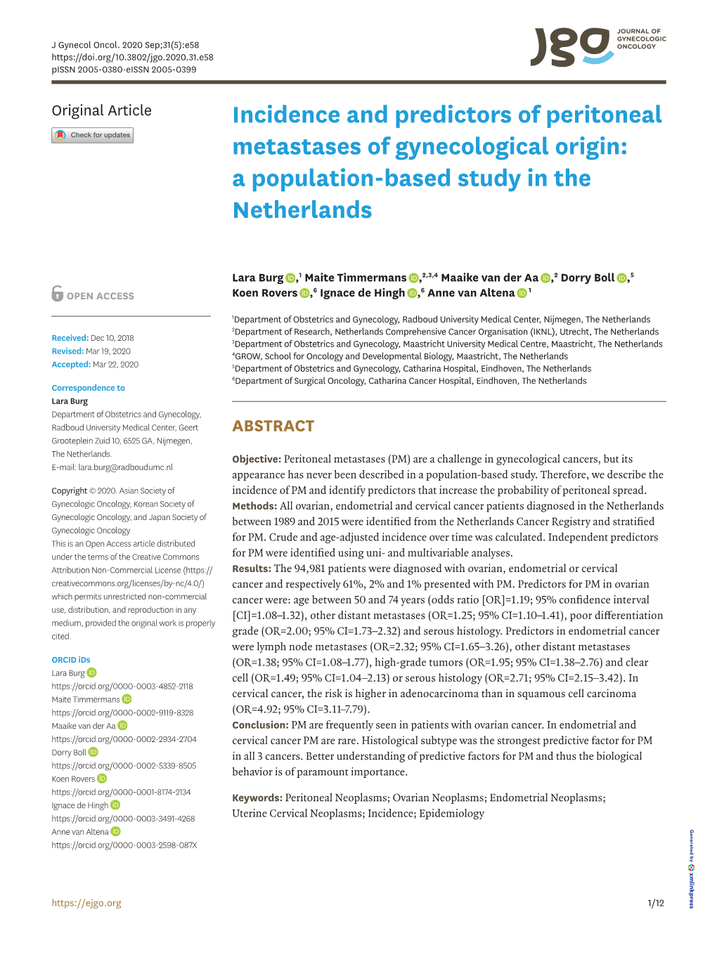 Incidence and Predictors of Peritoneal Metastases of Gynecological Origin: a Population-Based Study in the Netherlands