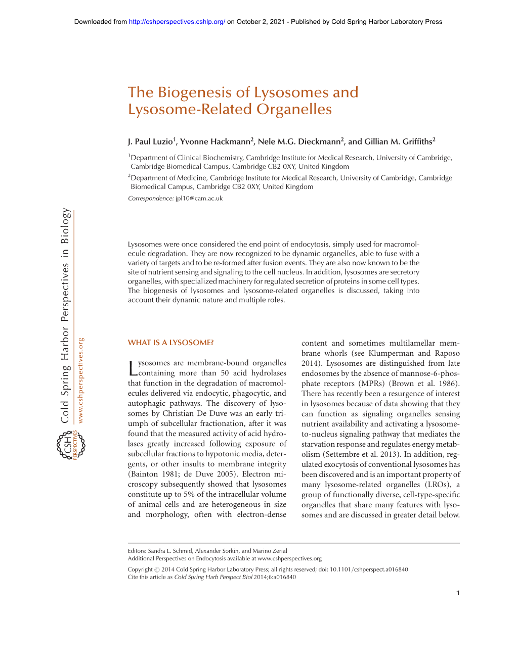 The Biogenesis of Lysosomes and Lysosome-Related Organelles