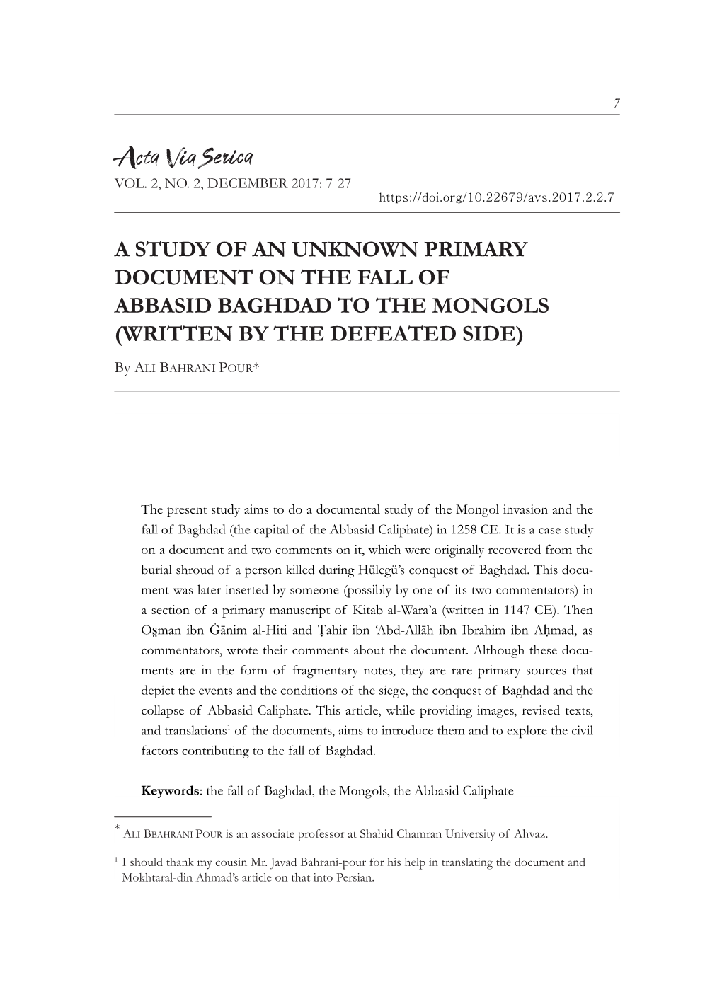 A Study of an Unknown Primary Document on the Fall of Abbasid Baghdad to the Mongols (Written by the Defeated Side)