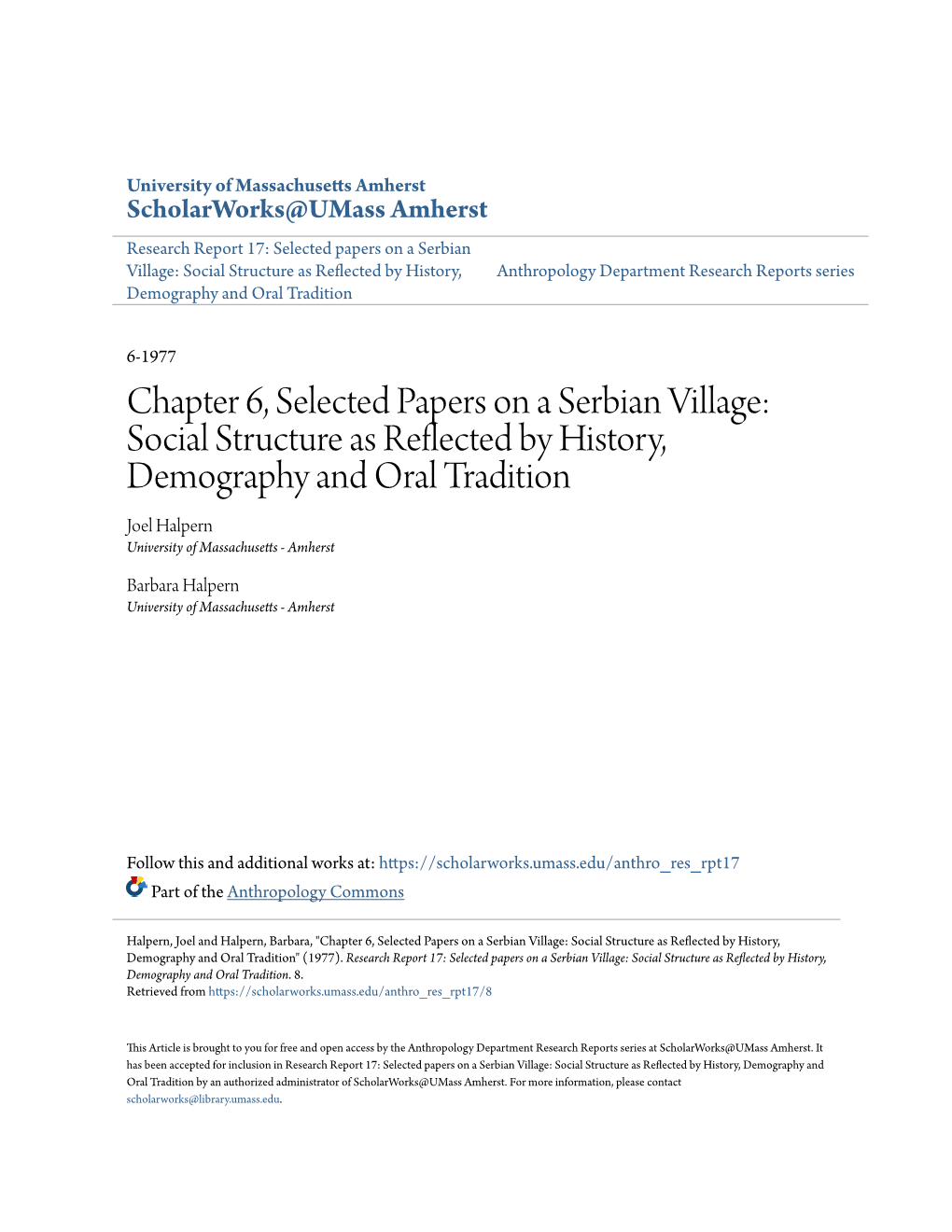 Chapter 6, Selected Papers on a Serbian Village: Social Structure As