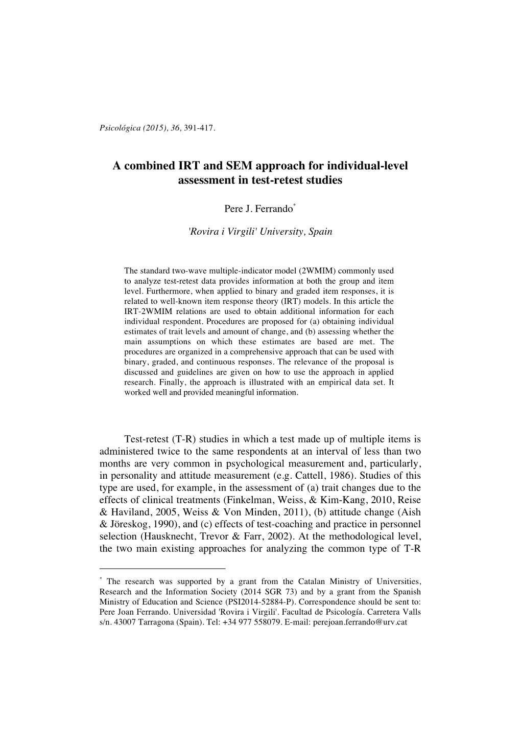 A Combined IRT and SEM Approach for Individual-Level Assessment in Test-Retest Studies