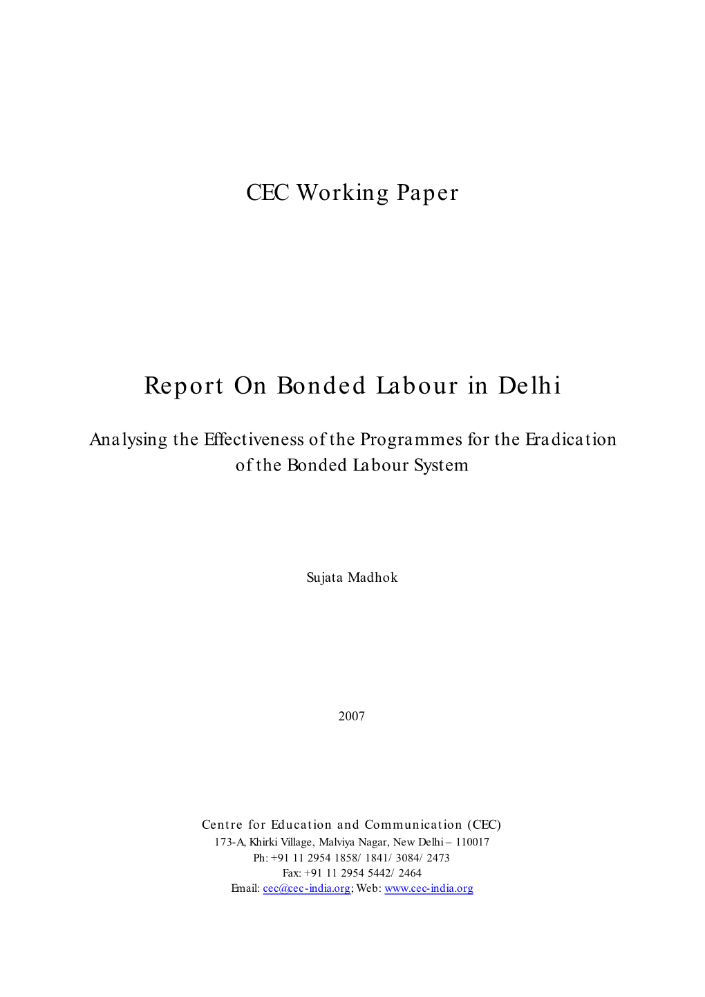 Report on Bonded Labour in Delhi