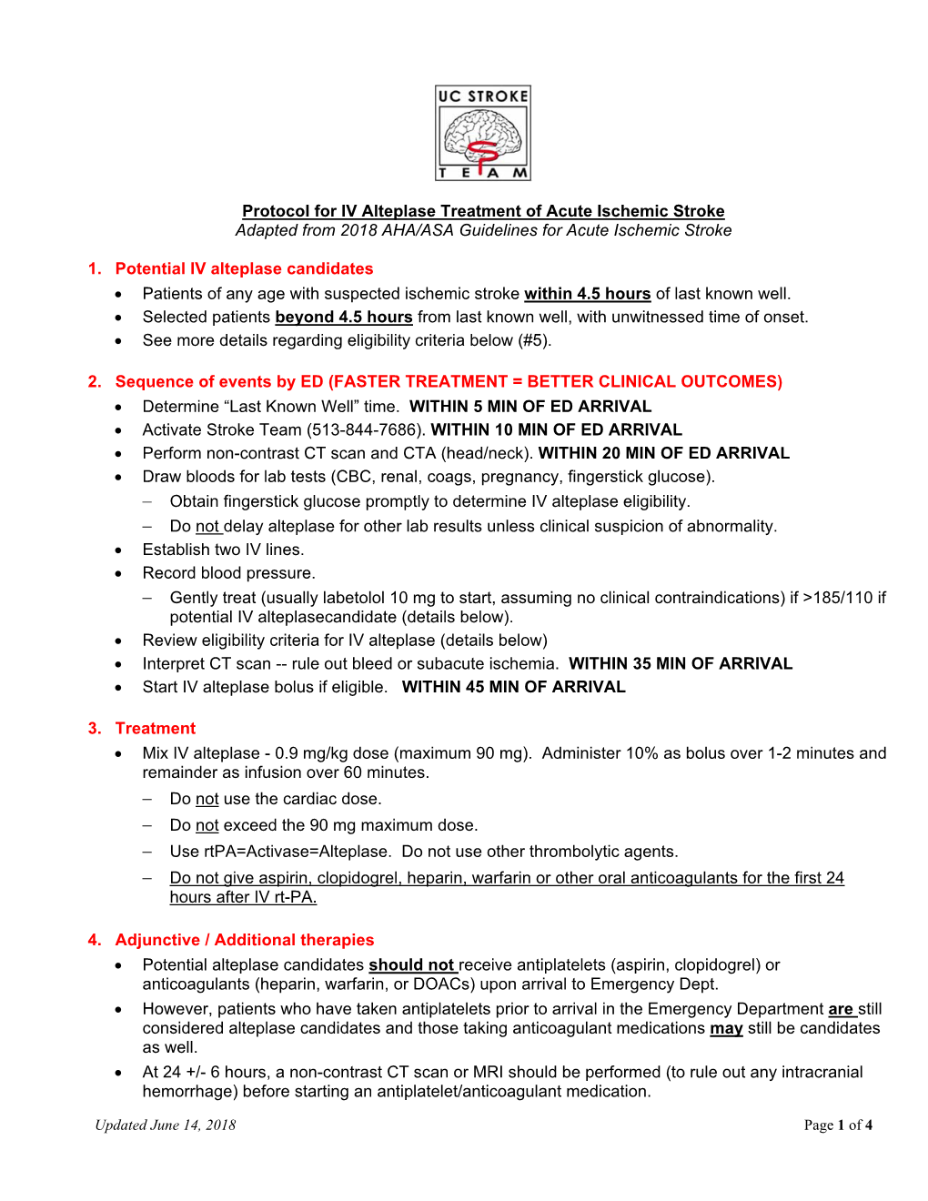 Protocol for IV Alteplase Treatment of Acute Ischemic Stroke Adapted from 2018 AHA/ASA Guidelines for Acute Ischemic Stroke